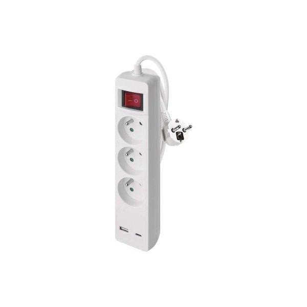 Prodlužovací kabel 2 m / 3 zásuvky / s vypínačem / bílý / 1×USB-A + 1×USB-C / 1,5 mm2