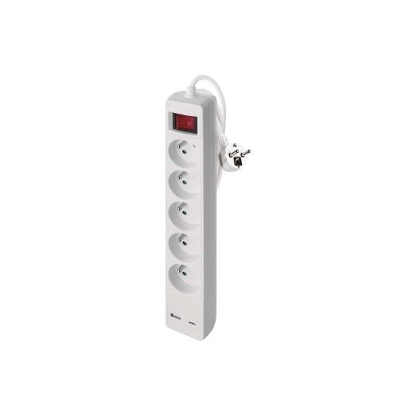 Prodlužovací kabel 3 m / 5 zásuvky / s vypínačem / bílý / 1×USB-A + 1×USB-C / 1,5 mm2