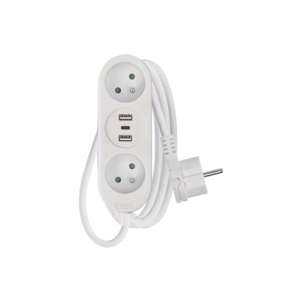 Prodlužovací kabel 1,4 m / 2 zásuvky+2×USB-A+1×USB-C / s vypínačem / bílý / PVC / 1,5 mm2
