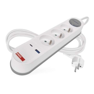 Prodlužovací kabel 2 m / 3 zásuvky / s vypínačem / bílý / 1×USB-A + 1×USB-C / 1,5 mm2