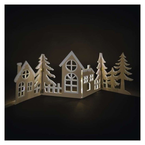 LED dekorace dřevěná - vesnička, 60 cm, 2x AA, teplá bílá, časovač