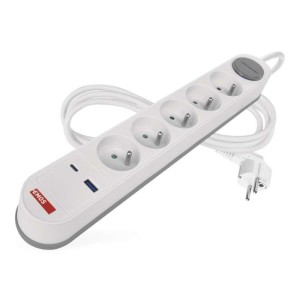 Prodlužovací kabel 3 m / 5 zásuvky / s vypínačem / bílo-šedý / 1×USB-A + 1×USB-C / 1,5 mm2