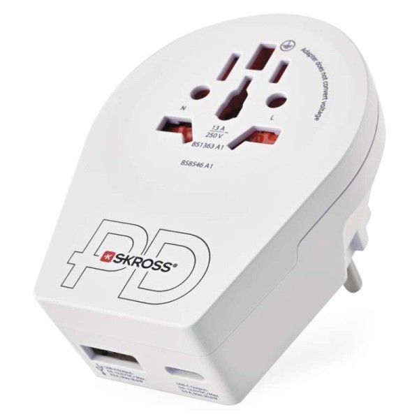 Cestovní univerzální adaptér pro cizince do střední Evropy, 1×USB-C, 1×USB-A
