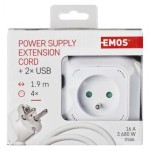 Rozbočovací kostka s prodl. přívodem – 4 zás. + 2× USB, 1,9m