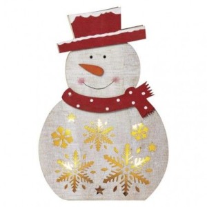 LED vánoční sněhulák dřevěný, 30 cm, 2x AA, vnitřní, teplá bílá, časovač