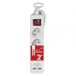 Prodlužovací kabel s vypínačem – 3 zásuvky, 2m, bílý + 2×USB