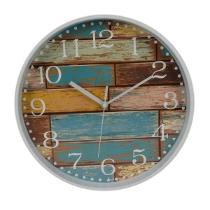 DUE ESSE, Nástěnné hodiny cihly efekt dřevo oprýskaný modrý lak, průměr 30 cm